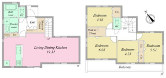 19帖のLDKに2階に4部屋の4LDKになります。