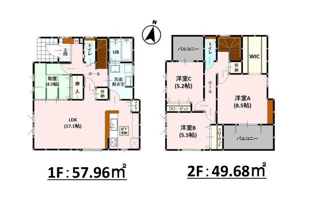 熊本市中央区帯山5丁目第1₋2棟(1号棟)の間取り|全居室収納付きで便利です。