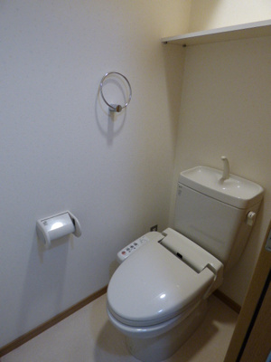 【トイレ】 | ミレーユ・ステディア（短期滞在向けプランA） | 温水洗浄便座で快適♪タオル掛け、収納棚もあります！