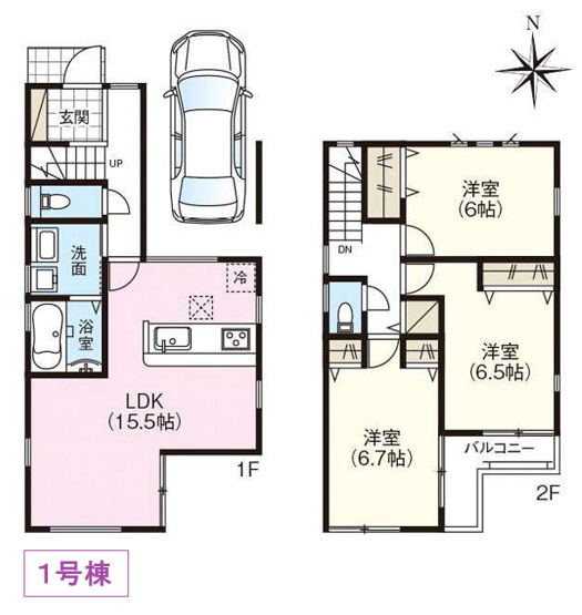 【間取り】 | 東大阪市鴻池町1丁目　【1号棟/全2棟】 | 【1号棟/全2棟】1号棟は2階建て！全洋室の3LDK♪玄関電子キーシステム・浄水器・浴室乾燥機完備☆食洗機等のオプションもございます♪バルコニー南向き☆1階、南ガーデニングスペースあります☆