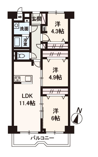【間取り】 | 三国ハイツ | 全居室がフローリングで繋がった3LDK。お掃除や家具の移動もスムーズ！陽当たり良好な南向きバルコニー付き。