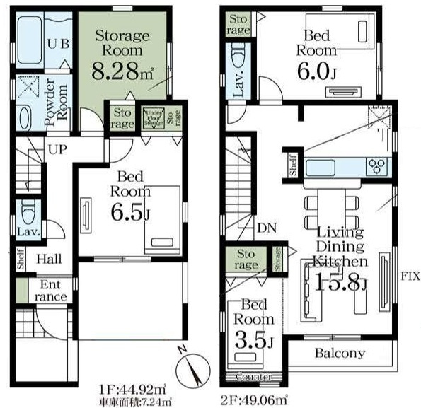 三郷市戸ケ崎1丁目　新築戸建　全1棟の間取り|2階リビング、1階に4.5帖の納戸ありの3SLDK