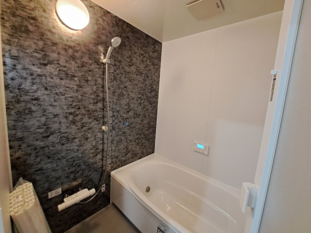 中標津町東17条南8丁目＼ Kospa平屋モデルハウス ／の浴室|デザイン壁がお洒落。ゆったりサイズの快適なシステムバス。