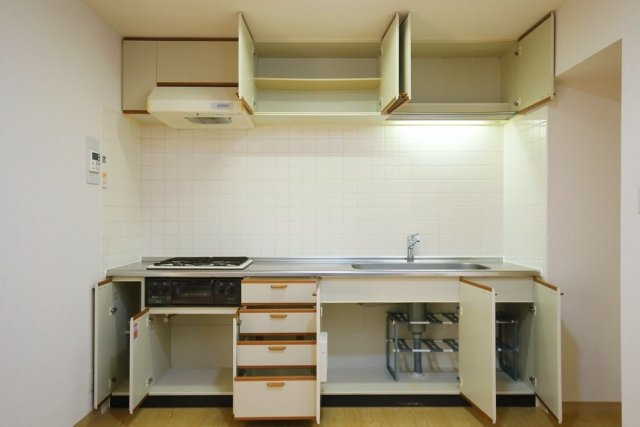 グリーンゲーブルのキッチン|コンパクトなキッチンで掃除もラクラク