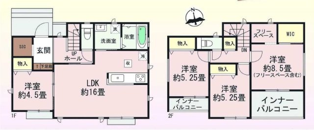 新築　前橋市北代田町　Heatful　Town　1号棟の間取り|建物面積106.82㎡　全居室南向き♪シューズインクローク・ウォークインクローゼット・スリースペース・各部屋収納付きで便利です！インナーバルコニーなので急な雨でもお洗濯物も安心です。