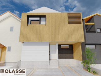 【完成予想図】 | 宇治市槇島町外　売土地　建築条件付き | アトリエスタイルハウス仕様の窓はペアガラス、サッシはアルミ×樹脂複合のハイブリットサッシを採用。ガラスの間には断熱性の高いアルゴンガスを充填しておりますので、より断熱性能が高まる仕様になっております