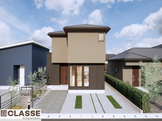 【完成予想図】 | 宇治市槇島町外　売土地　建築条件付き | アトリエスタイルハウス仕様の窓はペアガラス、サッシはアルミ×樹脂複合のハイブリットサッシを採用。ガラスの間には断熱性の高いアルゴンガスを充填しておりますので、より断熱性能が高まる仕様になっております。