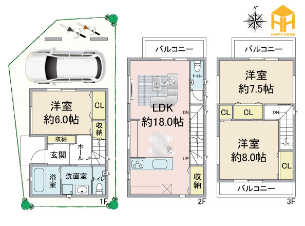 尼崎市富松町1丁目│建築条件付き売土地の区画図|建物プラン例
建物価格：2200万円
建物面積：106.38㎡