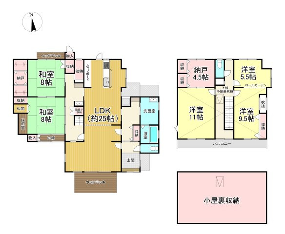 知多市八幡字堀切　中古戸建の間取り|5SLDK＋小屋裏収納
土地面積:348.73㎡、建物面積:196.74㎡