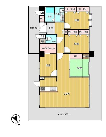 【間取り】 | ハウスユマニテ今宿 | お部屋をぐるりと囲む広いバルコニーがあります。どのお部屋からもアクセスできるので何かと便利です