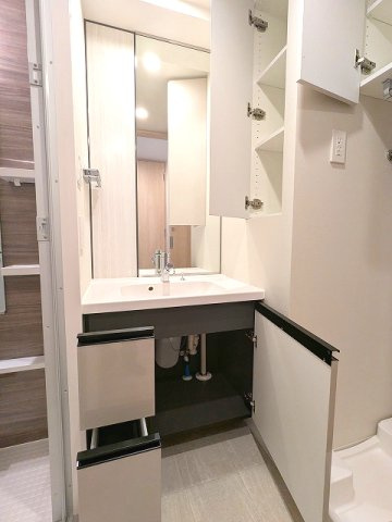 LEFOND PROGRES上野御徒町の設備|トイレと独立した洗面室に洗濯機置場も配置、ハンドシャワー付独立洗面台、タオルフックにスマホストレージ付です