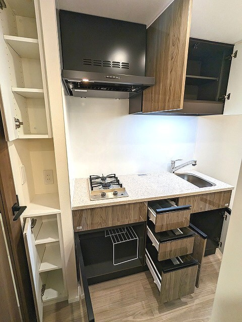 Urbanex KURAMAE RESIDENCEの設備|ガス2口システムキッチン、広々のシンクです、収納も豊富です