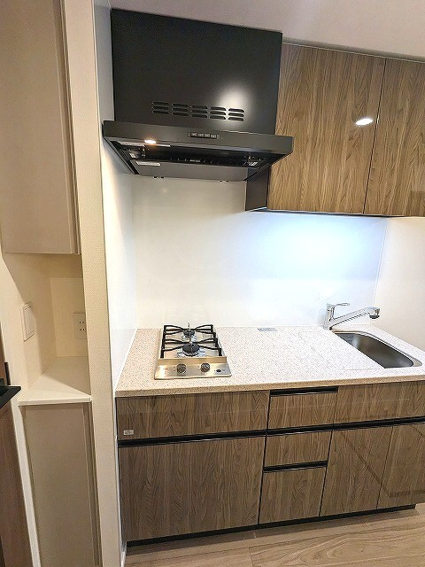 Urbanex KURAMAE RESIDENCEのキッチン|ガス2口システムキッチン、広々のシンクです、収納も豊富です