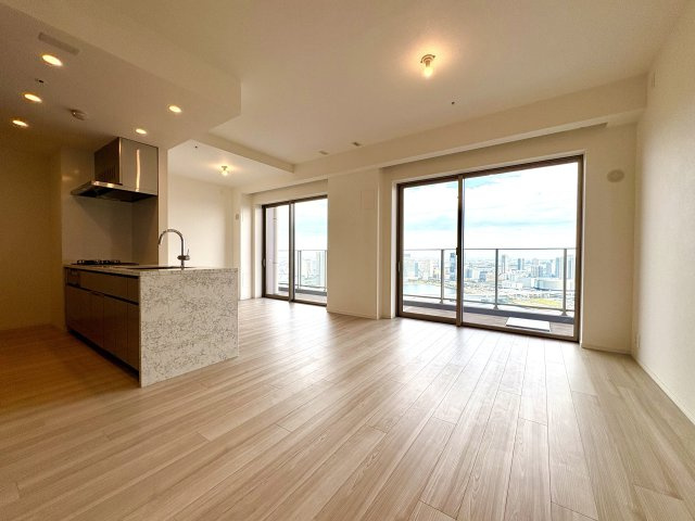 SKY DUO PARK VILLAGE T棟  47階の居間・リビング|東向きの明るいリビングダイニングキッチン（約20.9帖）です。