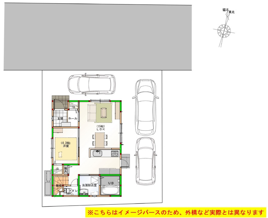 与力町　新築戸建①の区画図|駐車場3台