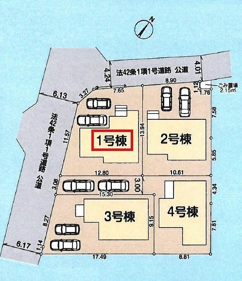 所沢市北野南1丁目・全4棟　新築一戸建　1号棟の区画図|【全4棟・1号棟】土地面積150.11平米（約45.4坪）カースペース2台（車種による）