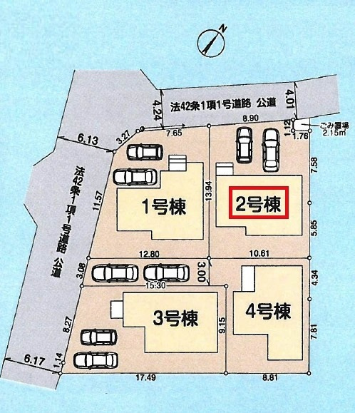 所沢市北野南1丁目・全4棟　新築一戸建　2号棟の区画図|【全4棟・2号棟】土地面積150.10平米（約45.4坪）カースペース2台（車種による）