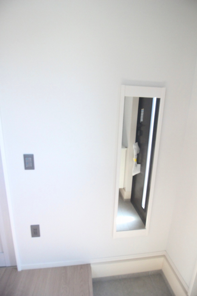 小山市城西　2期　2号棟の玄関|玄関ホールには姿見を設置しており、お出かけ前の身だしなみチェックも快適！空間に広がりを感じさせ、明るく開放的な印象を与えます。