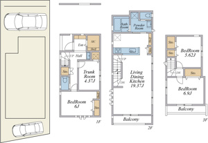 【土地図＋建物プラン例】 | 建物参考プラン3SLDK+SIC(建物面積103.96平米、参考価格1,883万円)