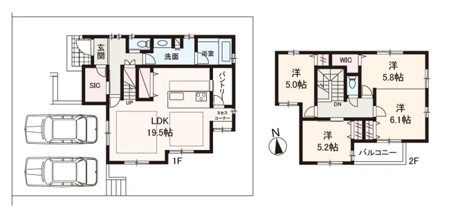 【間取り】 | プルメリア永楽荘3丁目Ⅱ　2号地 | 間取りをアレンジできる、4LDK新築戸建。カースペース並列2台分有(車種による)。