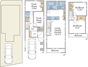 【土地図＋建物プラン例】 | 建物参考プラン2SLDK+車庫(建物面積97.44平米、参考価格1,765万円)