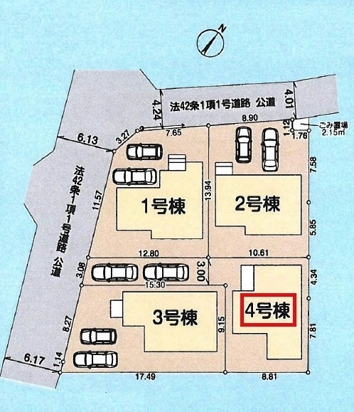 所沢市北野南1丁目・全4棟　新築一戸建　4号棟の区画図|【全4棟・4号棟】土地面積152.04平米（約45.99坪）カースペース2台