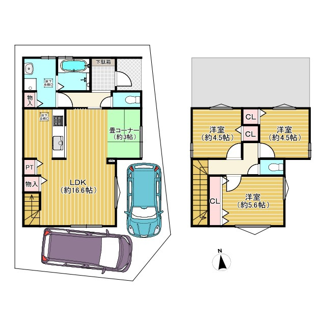 乙訓郡大山崎町小字尻江の間取り|LDK広々、畳コーナーのある間取りです。
ファミリー層に人気の3LDK！