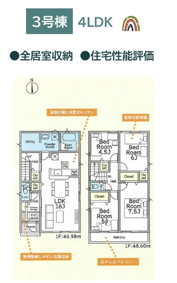 【間取り】 | 毎日の家事効率UPに繋がる家事ラク動線！キッチン＆洗面室隣接◎
7.5帖の洋室は小さいお子さまとの添い寝にもピッタリ！家族でゆったり使える主寝室です♪