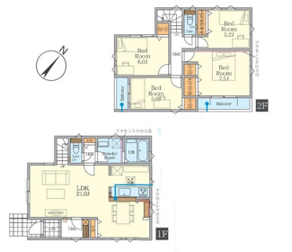 【間取り】 | 藤沢市善行6丁目  1号棟 1期 | 都市ガス　網戸標準仕様　シャッター1箇所付　Ｗロックディンプルキー　2面バルコニー　食洗器・浄水器　浴室乾燥機+窓　全居室収納