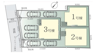 【区画図】 | 藤沢市善行6丁目  2号棟 1期 | 2号棟　南西側約3.3ｍ公道　旗竿地（間口約2.8ｍ）　駐車2台（車種によります）　※協定地・セットバック持分有　敷地面積39.3坪（路地状部分含む）