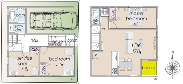 宅地分譲［練馬区豊玉北５丁目］の完成予想図|【建物参考プラン例】２階建て
建物面積／90.42 ㎡（27.35 坪）
２ＬＤＫ＋Ｓ（納戸4.8 帖）＋南バルコニー＋車庫１台