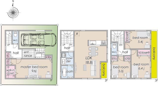 宅地分譲［練馬区豊玉北５丁目］の完成予想図|【建物参考プラン例】３階建て（※耐火構造）
建物面積／129.46 ㎡（39.16 坪）
４ＬＤＫ＋w.i.c＋バルコニー２面＋車庫１台