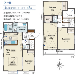 【間取り】 | 【仲介手数料無料！！】府中市四谷2丁目　新築戸建て（全5棟）3号棟　5730万円 | 3号棟　土地：129.77㎡㎡（39.25坪）※協定道路2.75㎡含　4LDK　建物：97.19㎡　車庫2台