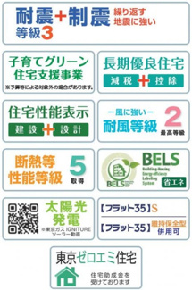 【構造・工法・仕様】 | 【仲介手数料無料！！】府中市四谷2丁目　新築戸建て（全5棟）3号棟　5730万円 | 太陽光発電、長期優良住宅、耐震等級3、制震構造、子育てグリーン住宅支援事業対象物件