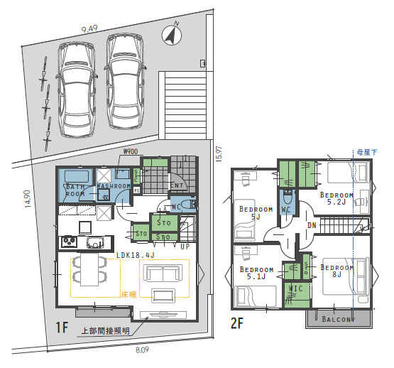 板橋区西台2丁目　土地40坪×整形地　建築条件付き売地の土地図＋建物プラン例|4LDK+WIC+カースペース2台分　敷地面積 134.81ｍ2　建物面積 96.16ｍ2