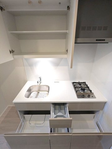 SEASON FLATS新御徒町EASTの設備|ガス2口システムキッチン、広々調理台、奥まで出しれしやすいスライド式収納