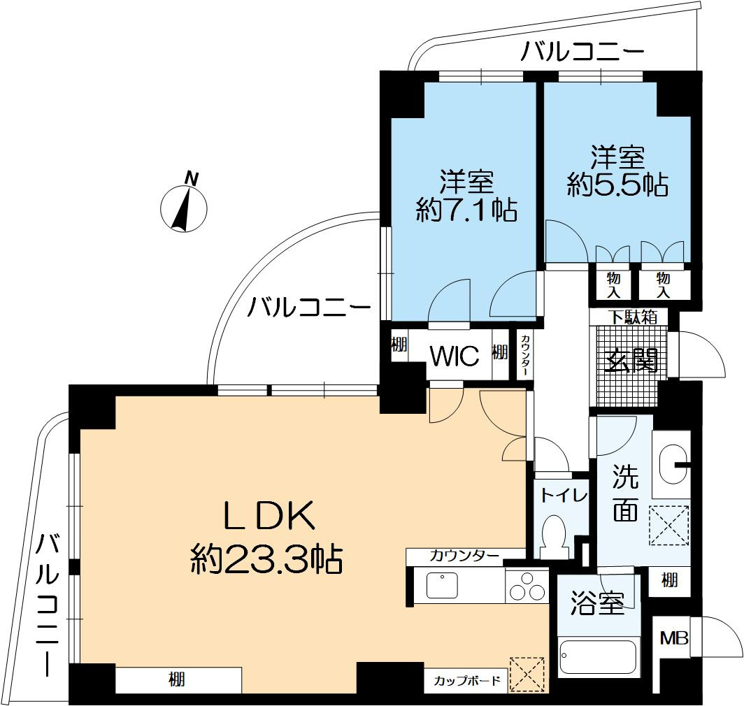 グランフェルティ本山の間取り|2LDK、約85.72㎡のお部屋
15階建の6階に位置し、北西角部屋となっております。