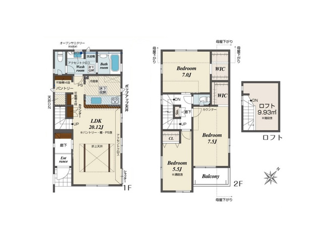 【間取り】 | 志木市柏町2丁目　新築一戸建住宅　全2棟　(志木本店) | 一目で中が見えるオープン型のWICは湿気がこもりにくいのでシーズングッズや革製品などの長期保管にも便利。
ロフトは固定階段を採用してるので荷物の出し入れも安心です。