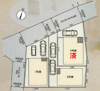 【区画図】 | 厚木市旭町3丁目  2号棟 第2 | 〇１・3号棟ご成約済　2号棟　旗竿地（間口約2.9ｍ）　北側約4.8～約5.2ｍ公道　駐車2台（車種によります）　敷地面積32.2坪（路地状部分含む）