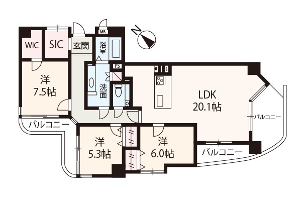 【間取り】 | 豊中柴原シティハウス | 南東と南西、西の三面バルコニーが備わった3LDK。心地よい風が吹き抜ける住まいです！ペット飼育可(条件付)。