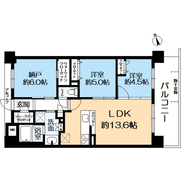 プレサンスロジェ伏見の間取り|壁芯面積66.19㎡の2LDK＋S（納戸）の東南向きバルコニーの間取りです。