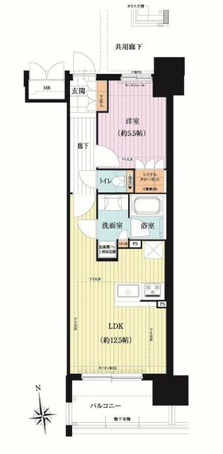 ザ・プラセシオン金山の間取り|1LDK、価格2880万円、専有面積42.99m2、バルコニー面積7.34m2