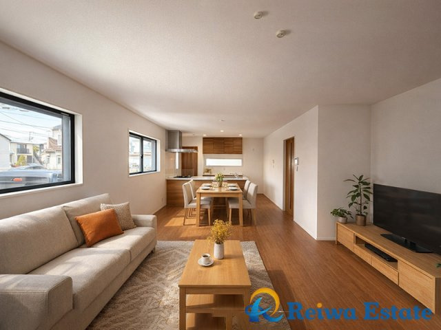新築戸建　茅ヶ崎市中海岸4丁目の居間・リビング|生活がイメージできるように、AIを使用して家具・家電・小物等を配置しております。