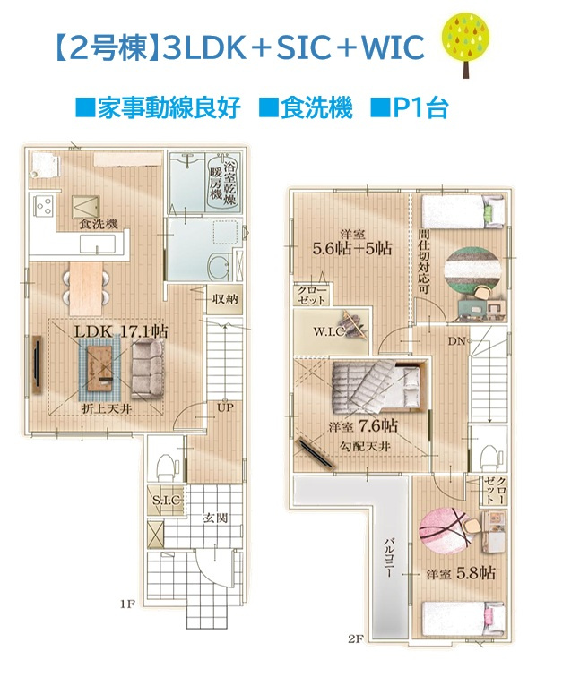 大和市上和田4期　全2棟　2号棟の間取り|お子さまの成長に合わせて柔軟に間取りを変更できる3ＬＤＫ◎　
家事負担が軽減される「食洗機」を搭載！