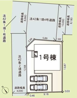 【区画図】 | 藤沢市宮原  1号棟 第8 | 角地　北西側約3.5ｍ公道（セットバック済）・北東側約8.1～約10.0m公道　駐車並列2台（車種によります）　敷地面積41.9坪