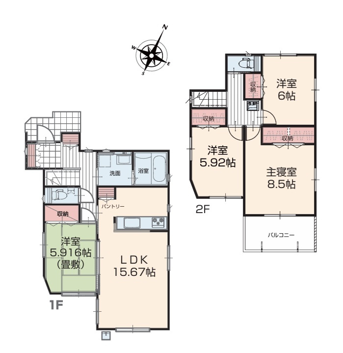 いろどりアイタウン　日立市西成沢町2丁目　23-P1　10の間取り|　
☆各部屋を最大限に広く使って頂けるよう、全居室に大容量の収納付き。全室ゆったり6帖以上！南向きの明るいお部屋です。水廻りコンパクトで家事動線ラクラク♪