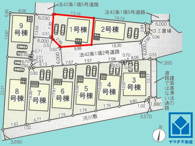八幡市橋本尻江　第1　1号棟の区画図