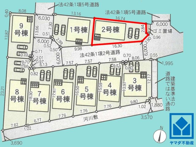 八幡市橋本尻江　第1　2号棟の区画図