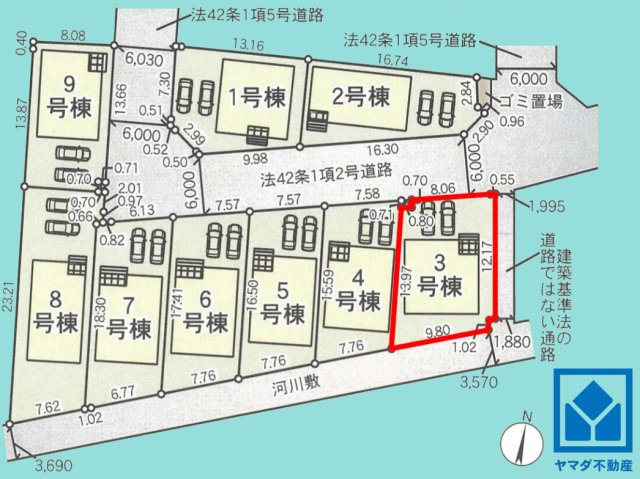 八幡市橋本尻江　第1　3号棟の区画図