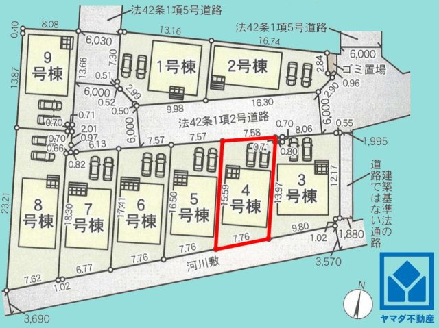 八幡市橋本尻江　第1　4号棟の区画図